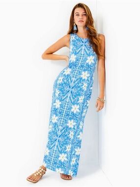 LILLY PULITZER SIZE LARGE NOELLE MAXI DRESS *MY FLUTTER HALF* LUNAR BLUE